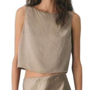 Aritzia Babaton Cunning Satin Top Taupe Sleeveless Cropped Blouse Small Beige